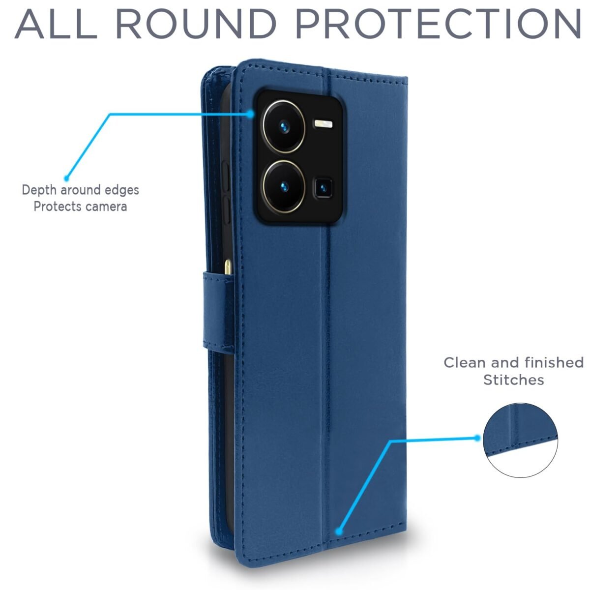 Vivo Y35 Flip Case Leather Finish | Inside TPU with Card Pockets | Wallet Stand and Shock Proof | Magnetic Closing | Complete Protection Flip Cover for Vivo Y35 (Blue)