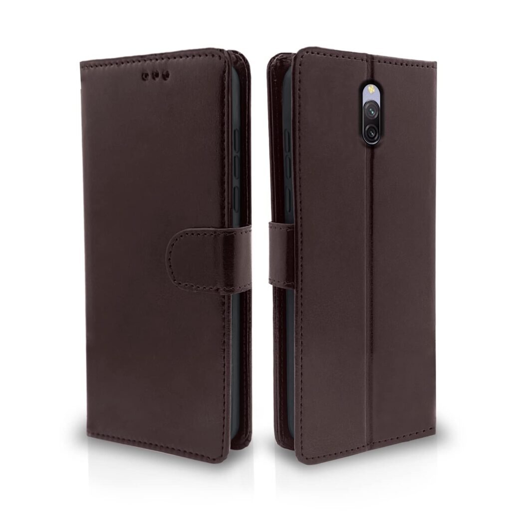 Mi Redmi 8A Dual Flip Case Leather Finish | Inside TPU with Card Pockets | Wallet Stand and Shock Proof | Magnetic Closing | Complete Protection Flip Cover for Mi Redmi 8A Dual (Coffee)