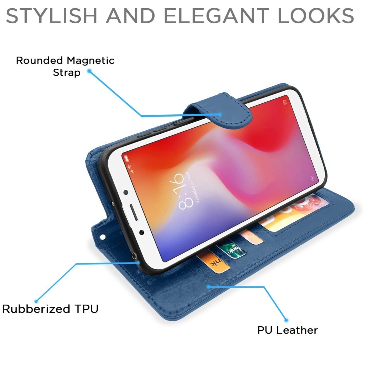 Redmi 6 Flip Cover Leather Finish | Inside TPU with Card Pockets | Wallet Stand and Shock Proof | Complete Protection Flip Case (Blue)