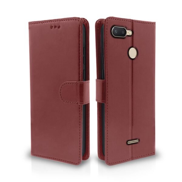 Redmi 6 Flip Cover Leather Finish | Inside TPU with Card Pockets | Wallet Stand and Shock Proof | Complete Protection Flip Case (Brown)