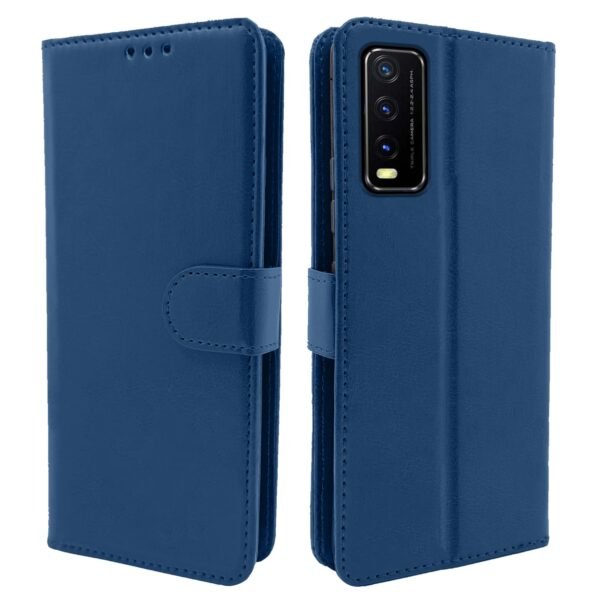 Vivo Y12s / Y20 / Y20i / Y20G Flip Case Leather Finish | Inside TPU with Card Pockets | Wallet Stand and Shock Proof | Magnetic Closing | Complete Protection Flip Cover (Blue)