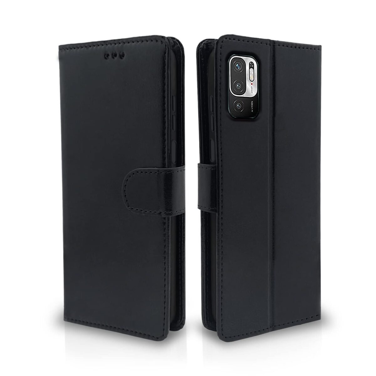 Mi Redmi Note 10T 5G / Poco M3 Pro 5G Flip Case Leather Finish | Inside TPU with Card Pockets | Wallet Stand and Shock Proof | Magnetic Closing | Complete Protection Flip Cover (Black)