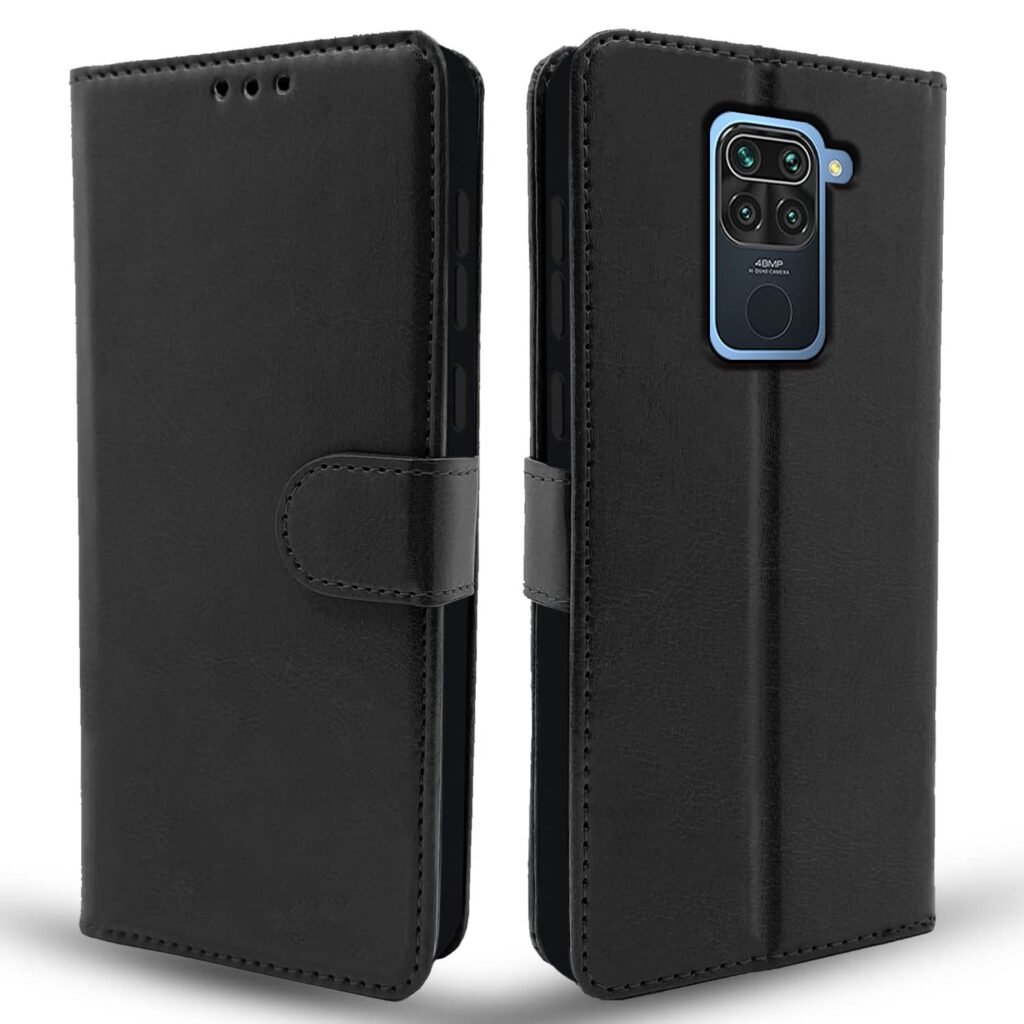 Mi Redmi Note 9 Flip Case Leather Finish | Inside TPU with Card Pockets | Wallet Stand and Shock Proof | Magnetic Closing | Complete Protection Flip Cover for Mi Redmi Note 9 (Black)