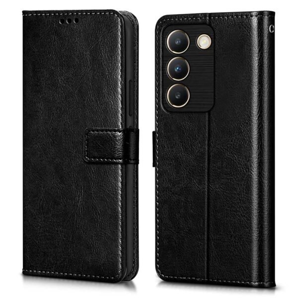 Shock Proof Flip Cover Back Case Cover for Vivo Y200e 5G | Vivo T3 5G (Flexible | Leather Finish | Card Pockets Wallet & Stand | Black)