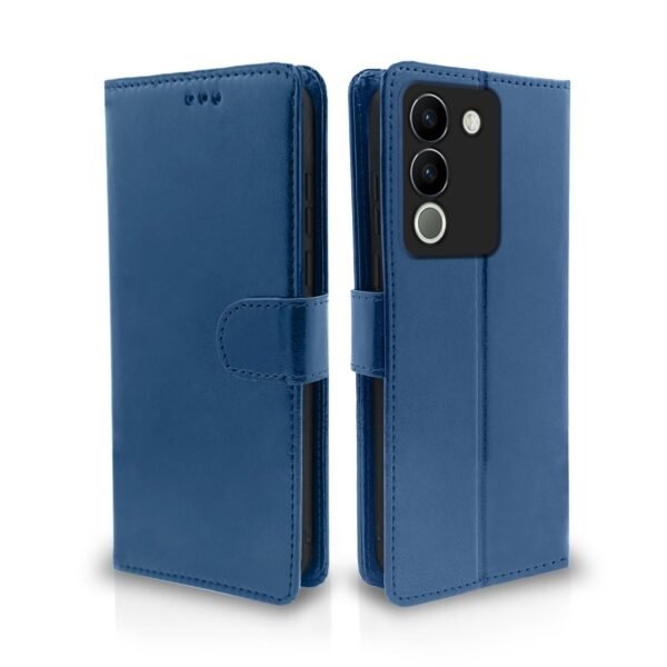 Vivo Y200 5G Flip Cover Leather Finish | Inside TPU with Card Pockets | Wallet Stand and Shock Proof | Complete Protection Flip Case (Blue)