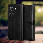 Oppo Reno 11 5G (Flexible | Leather Finish | Card Pockets Wallet & Stand Shock Proof Flip Cover Back Case Cover for | (Black)