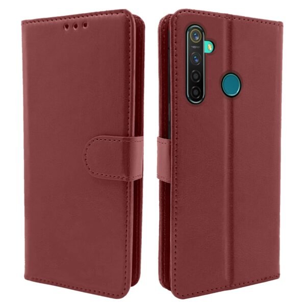 Realme 5 Pro Flip Case Leather Finish | Inside TPU with Card Pockets | Wallet Stand and Shock Proof | Magnetic Closing | Complete Protection Flip Cover for Realme 5 Pro (Brown)