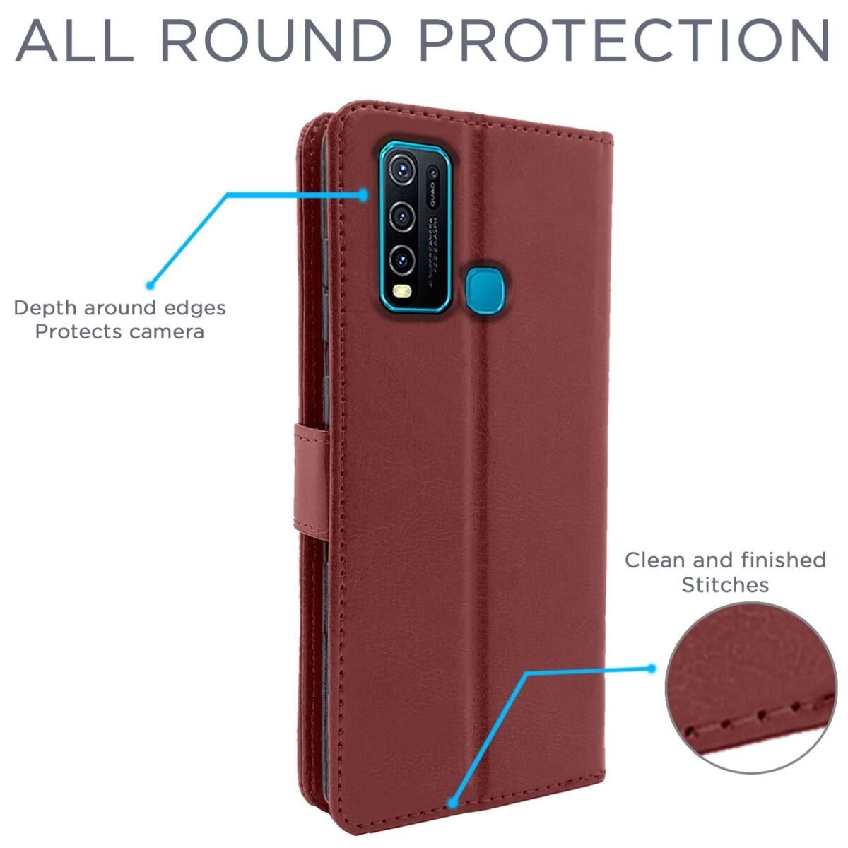 Vivo Y30 Flip Case Leather Finish | Inside TPU with Card Pockets | Wallet Stand and Shock Proof | Magnetic Closing | Complete Protection Flip Cover for Vivo Y30 (Brown)