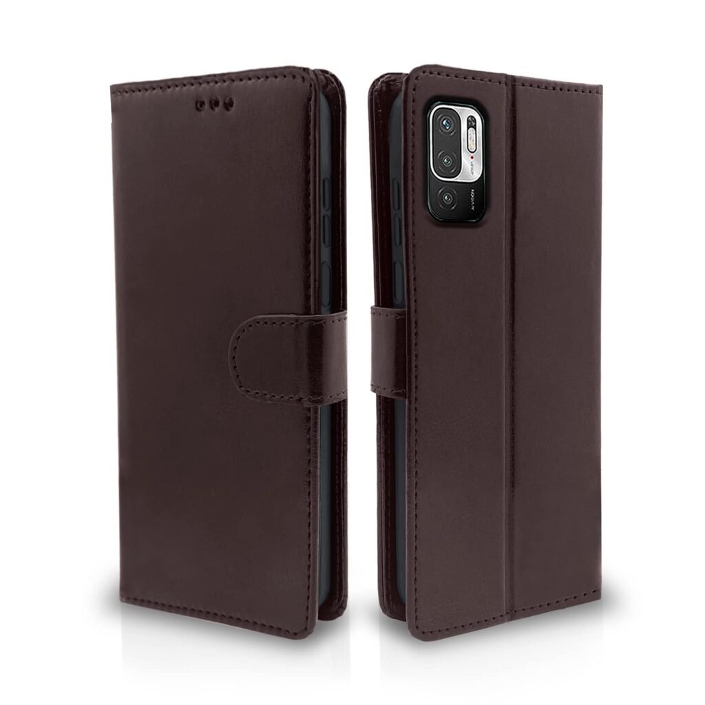 Mi Redmi Note 10T 5G / Poco M3 Pro 5G Flip Case Leather Finish | Inside TPU with Card Pockets | Wallet Stand and Shock Proof | Magnetic Closing | Complete Protection Flip Cover (Coffee)