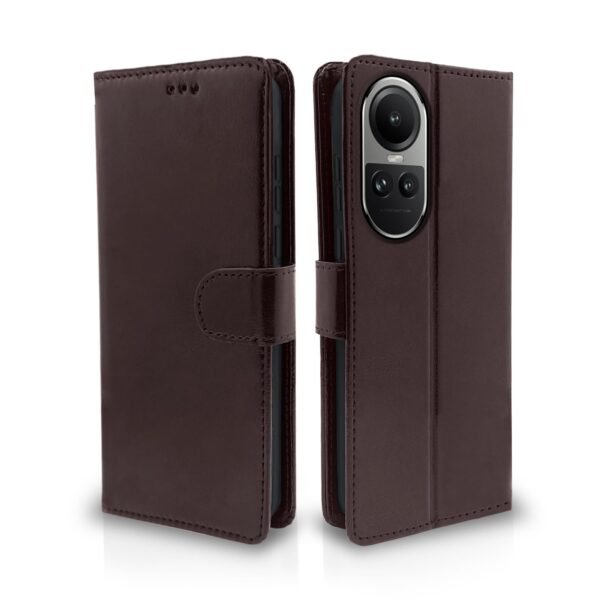 Oppo Reno 10 Pro 5G Flip Cover Leather Finish | Inside TPU with Card Pockets | Wallet Stand and Shock Proof | Complete Protection Flip Case (Coffee)