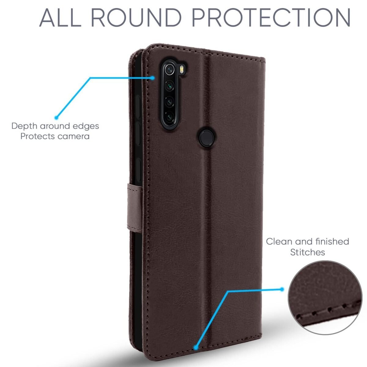 Mi Redmi Note 8 Flip Case Leather Finish | Inside TPU with Card Pockets | Wallet Stand and Shock Proof | Magnetic Closing | Complete Protection Flip Cover for Mi Redmi Note 8 (Coffee)