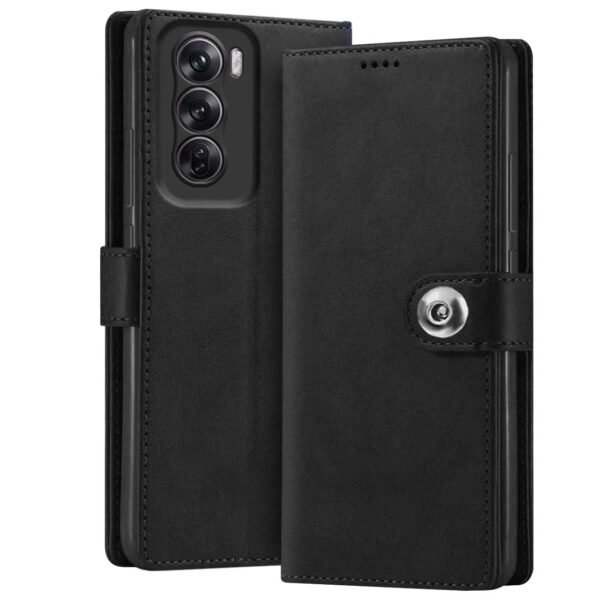 Flip Back Case for Oppo Reno 12 Pro 5G | Genuine Leather Finish | Designer Button | Inbuilt Pockets & Stand | Flip Cover Back Case for Oppo Reno 12 Pro 5G (Black)