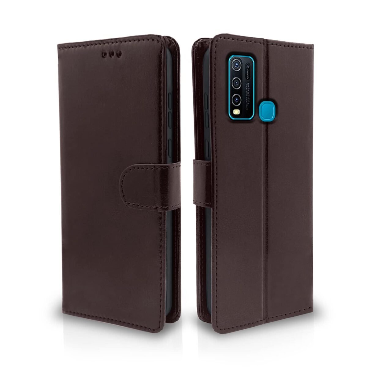 Vivo Y30 Flip Case Leather Finish | Inside TPU with Card Pockets | Wallet Stand and Shock Proof | Magnetic Closing | Complete Protection Flip Cover for Vivo Y30 (Coffee)