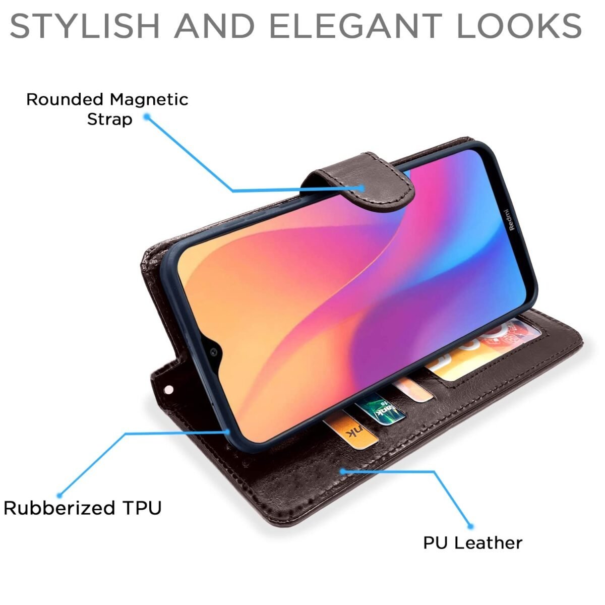 Mi Redmi 8A Dual Flip Case Leather Finish | Inside TPU with Card Pockets | Wallet Stand and Shock Proof | Magnetic Closing | Complete Protection Flip Cover for Mi Redmi 8A Dual (Coffee)