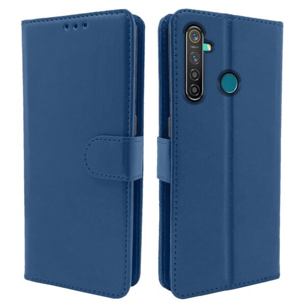 Realme 5 Pro Flip Case Leather Finish | Inside TPU with Card Pockets | Wallet Stand and Shock Proof | Magnetic Closing | Complete Protection Flip Cover for Realme 5 Pro (Blue)