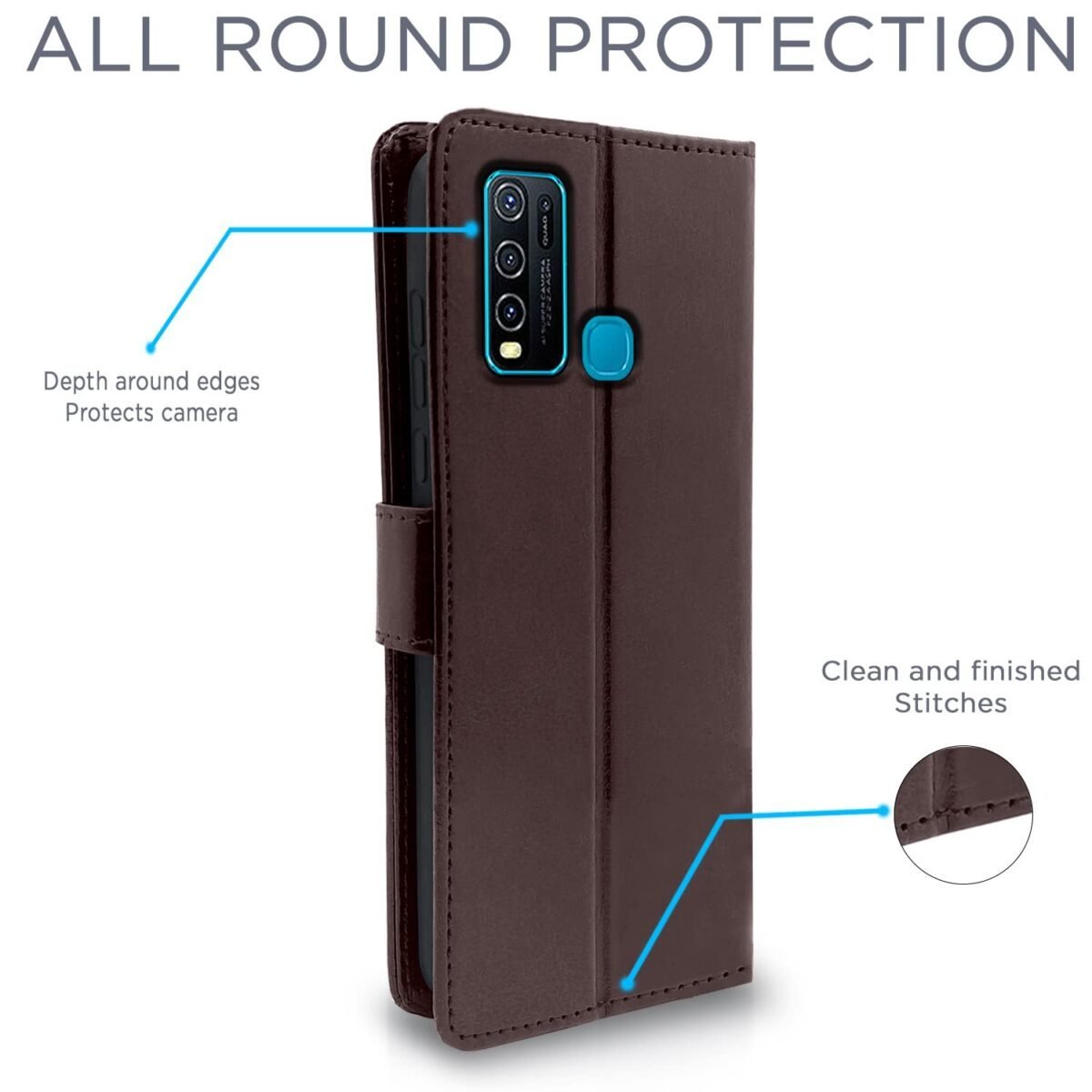 Vivo Y30 Flip Case Leather Finish | Inside TPU with Card Pockets | Wallet Stand and Shock Proof | Magnetic Closing | Complete Protection Flip Cover for Vivo Y30 (Coffee)