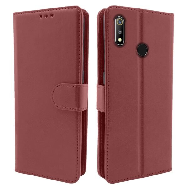 Realme 3 / 3i Flip Case Leather Finish | Inside TPU with Card Pockets | Wallet Stand and Shock Proof | Magnetic Closing | Complete Protection Flip Cover for Realme 3 / 3i (Brown)