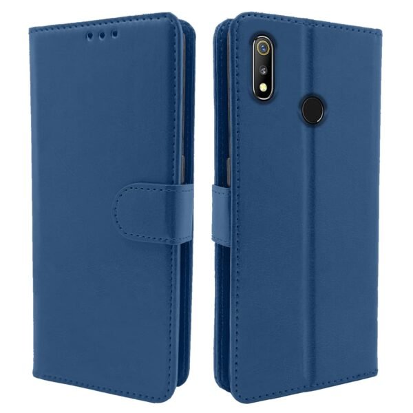 Realme 3 / 3i Flip Case Leather Finish | Inside TPU with Card Pockets | Wallet Stand and Shock Proof | Magnetic Closing | Complete Protection Flip Cover for Realme 3 / 3i (Blue)