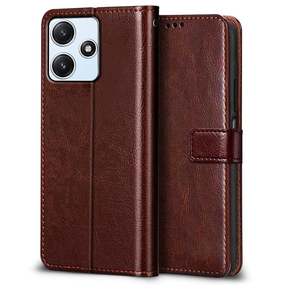 Shock Proof Flip Cover Back Case Cover for Mi Redmi 12 5G | Redmi 12 4G | Poco M6 Pro 5G (Flexible | Leather Finish | Card Pockets Wallet & Stand | Chestnut Brown)