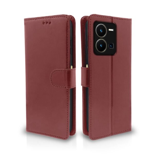 Vivo Y35 Flip Case Leather Finish | Inside TPU with Card Pockets | Wallet Stand and Shock Proof | Magnetic Closing | Complete Protection Flip Cover for Vivo Y35 (Brown)