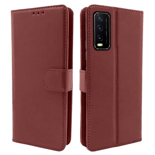 Vivo Y12s / Y20 / Y20i / Y20G Flip Case Leather Finish | Inside TPU with Card Pockets | Wallet Stand and Shock Proof | Magnetic Closing | Complete Protection Flip Cover (Brown)