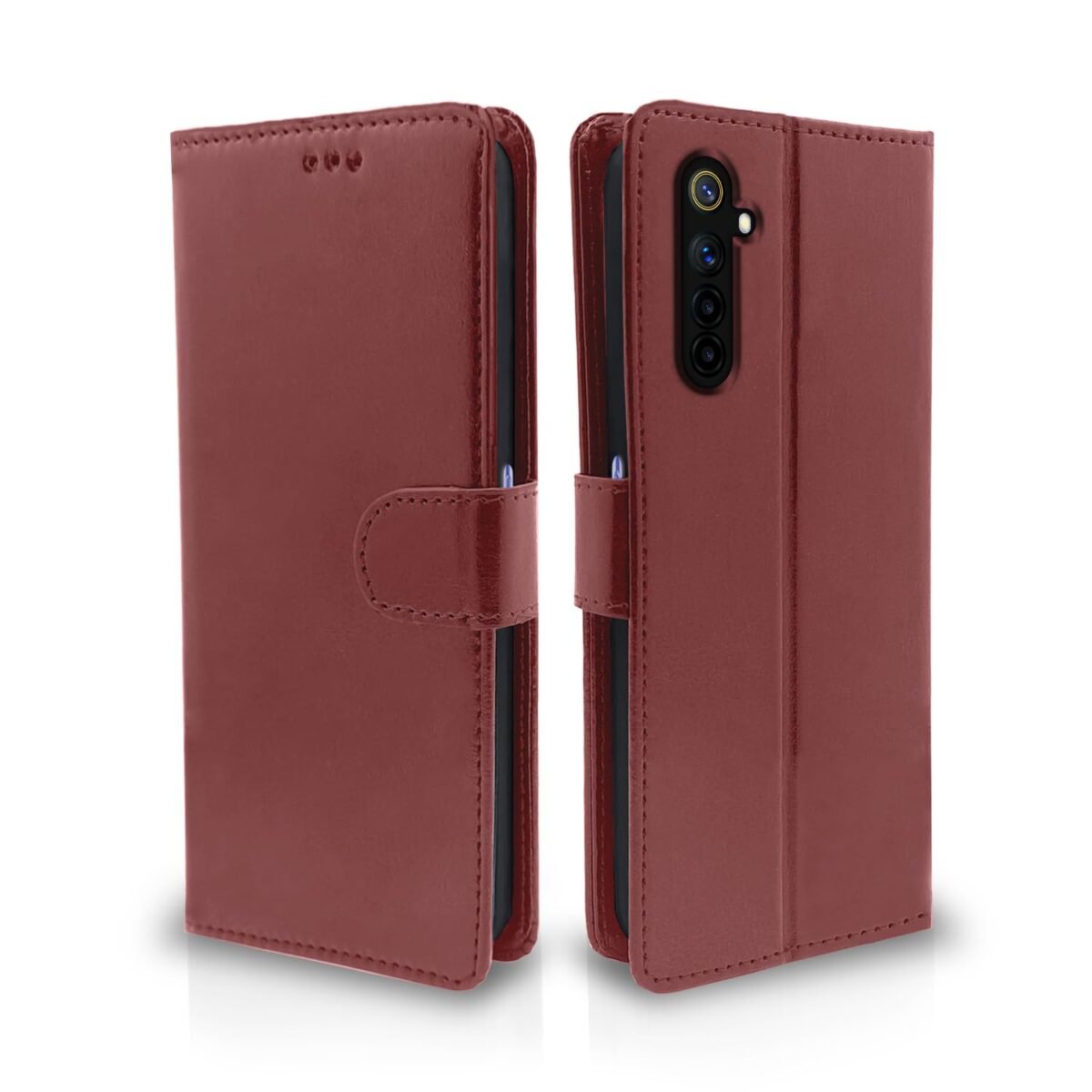 Realme 6 Flip Case Leather Finish | Inside TPU with Card Pockets | Wallet Stand and Shock Proof | Magnetic Closing | Complete Protection Flip Cover for Realme 6 (Brown)