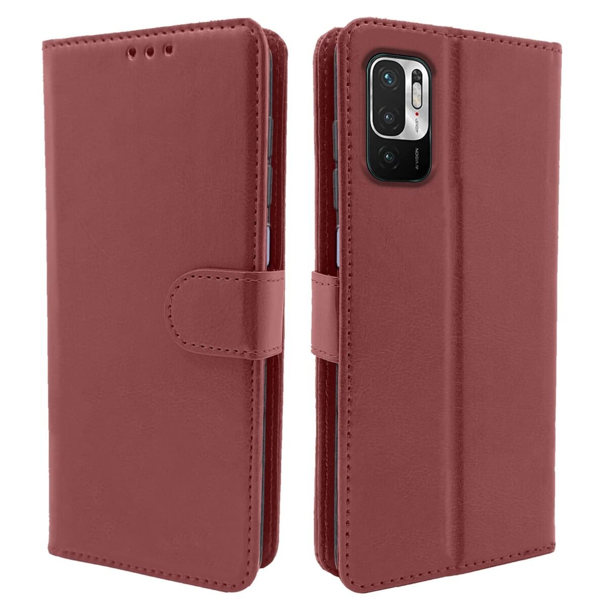 Mi Redmi Note 10T 5G / Poco M3 Pro 5G Flip Case Leather Finish | Inside TPU with Card Pockets | Wallet Stand and Shock Proof | Magnetic Closing | Complete Protection Flip Cover (Brown)