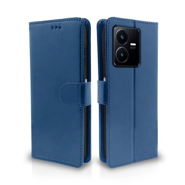 Vivo Y22 Flip Case Leather Finish | Inside TPU with Card Pockets | Wallet Stand and Shock Proof | Magnetic Closing | Complete Protection Flip Cover for Vivo Y22 (Blue)