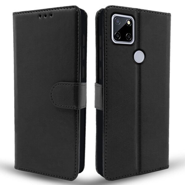 Realme C12 / Realme Narzo 20 / Narzo 30A / Realme C25 Flip Case Leather Finish | Inside TPU | Wallet Stand and Shock Proof | Magnetic Closing | Complete Protection Flip Cover (Black)