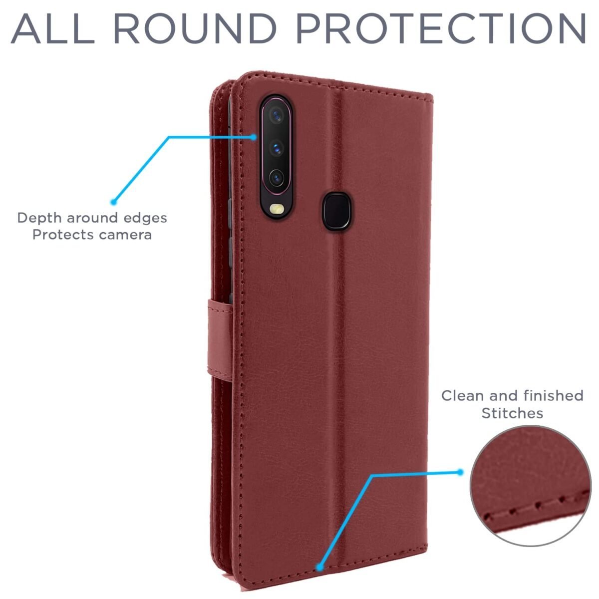 Brown Leather Magnetic Vintage Flip Wallet Case Cover for Vivo Y12 / Y15 / Y17 / U10 (Brown)