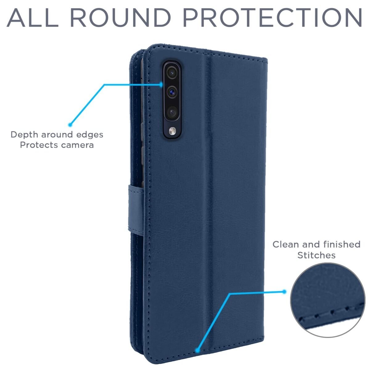 Samsung Galaxy A70 / A70s Flip Case Leather Finish | Inside TPU with Card Pockets | Wallet Stand and Shock Proof | Magnetic Closing | Complete Protection Flip Cover (Blue)