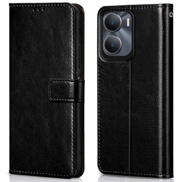 Shock Proof Flip Cover Back Case Cover for Vivo Y16 | Vivo Y56 | Vivo T2X (Flexible | Leather Finish | Card Pockets Wallet & Stand | Black)