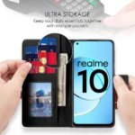 Shock Proof Flip Cover Back Case Cover for Realme 10 4G (Flexible | Leather Finish | Card Pockets Wallet & Stand | Black)