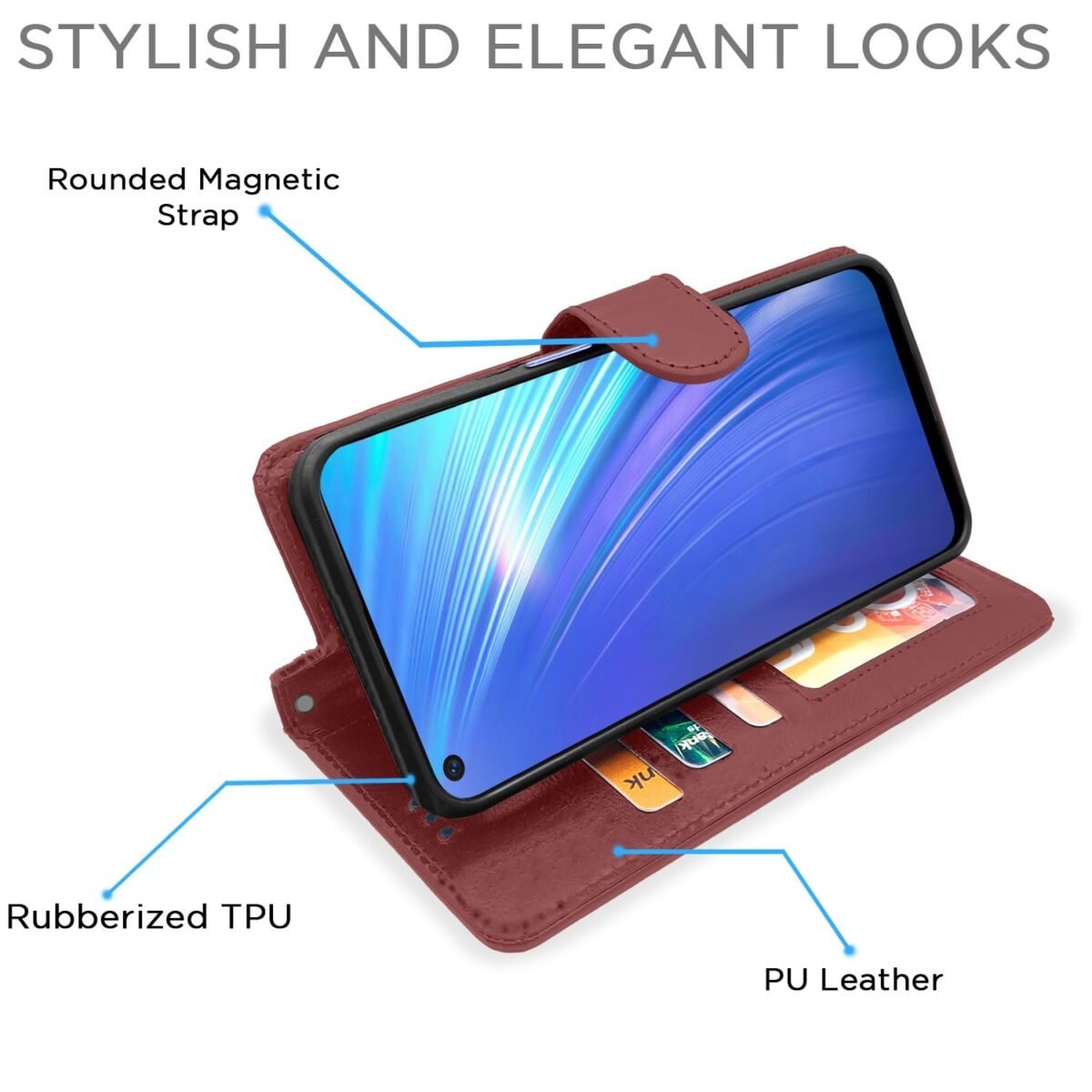 Realme 6 Flip Case Leather Finish | Inside TPU with Card Pockets | Wallet Stand and Shock Proof | Magnetic Closing | Complete Protection Flip Cover for Realme 6 (Brown)