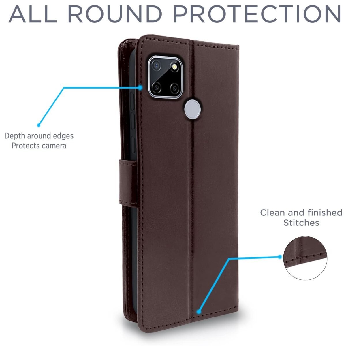 Realme C12 / Realme Narzo 20 / Narzo 30A / Realme C25 Flip Case Leather Finish | Inside TPU | Wallet Stand and Shock Proof | Magnetic Closing | Complete Protection Flip Cover (Coffee)