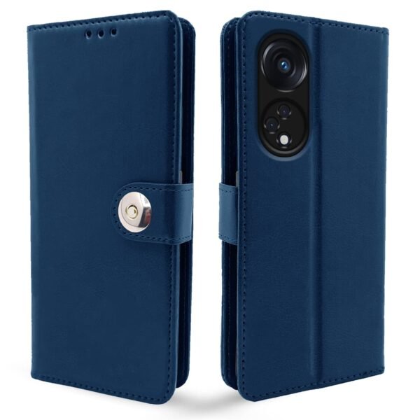 Oppo Reno 8T 5G Flip Cover Leather Finish | Inside TPU with Card Pockets | Wallet Stand and Shock Proof | Complete Protection Button Flip Case (Blue)