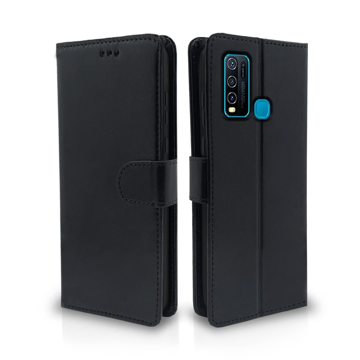 Vivo Y30 Flip Case Leather Finish | Inside TPU with Card Pockets | Wallet Stand and Shock Proof | Magnetic Closing | Complete Protection Flip Cover for Vivo Y30 (Black)