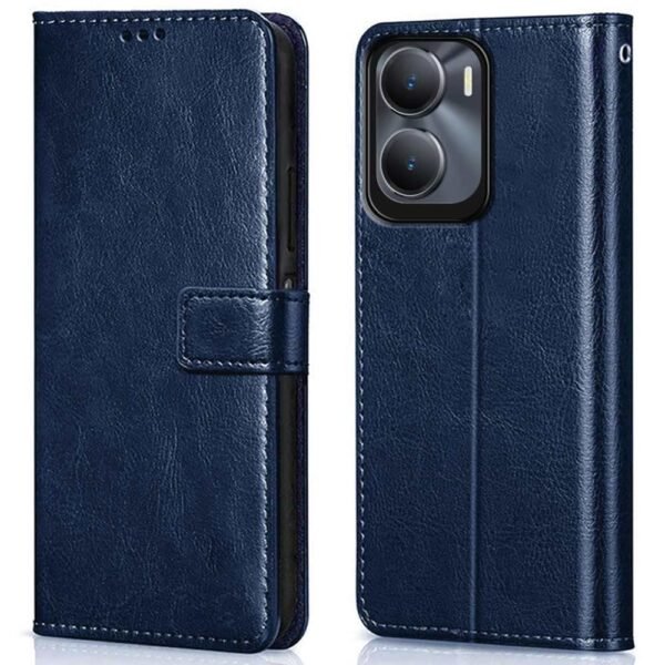 Shock Proof Flip Cover Back Case Cover for Vivo Y16 | Vivo Y56 | Vivo T2X (Flexible | Leather Finish | Card Pockets Wallet & Stand | Blue)