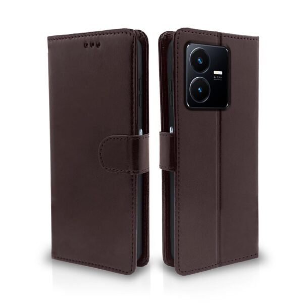 Vivo Y22 Flip Case Leather Finish | Inside TPU with Card Pockets | Wallet Stand and Shock Proof | Magnetic Closing | Complete Protection Flip Cover for Vivo Y22 (Coffee)