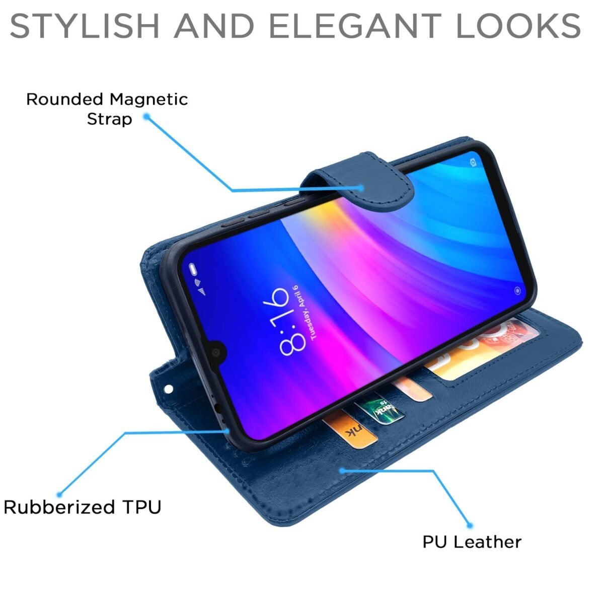 Redmi 7 / Y3 Flip Cover Leather Finish | Inside TPU with Card Pockets | Wallet Stand and Shock Proof | Complete Protection Flip Case (Blue)