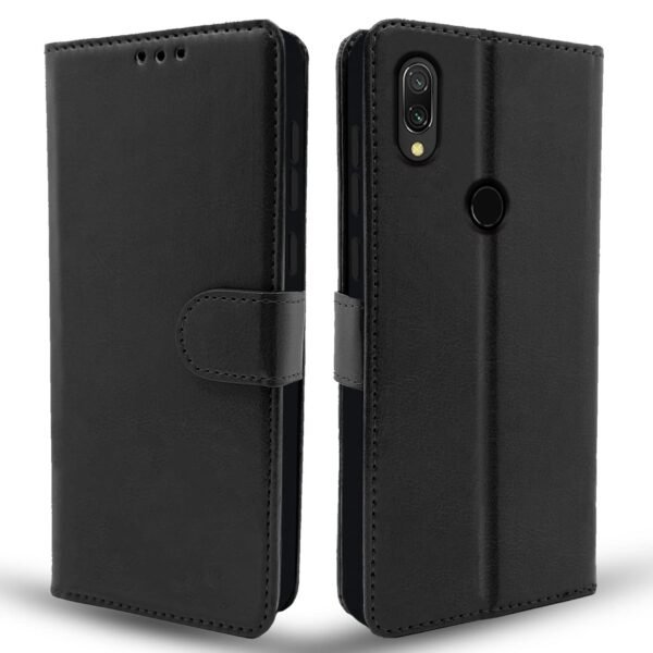 Redmi 7 / Y3 Flip Cover Leather Finish | Inside TPU with Card Pockets | Wallet Stand and Shock Proof | Complete Protection Flip Case (Black)