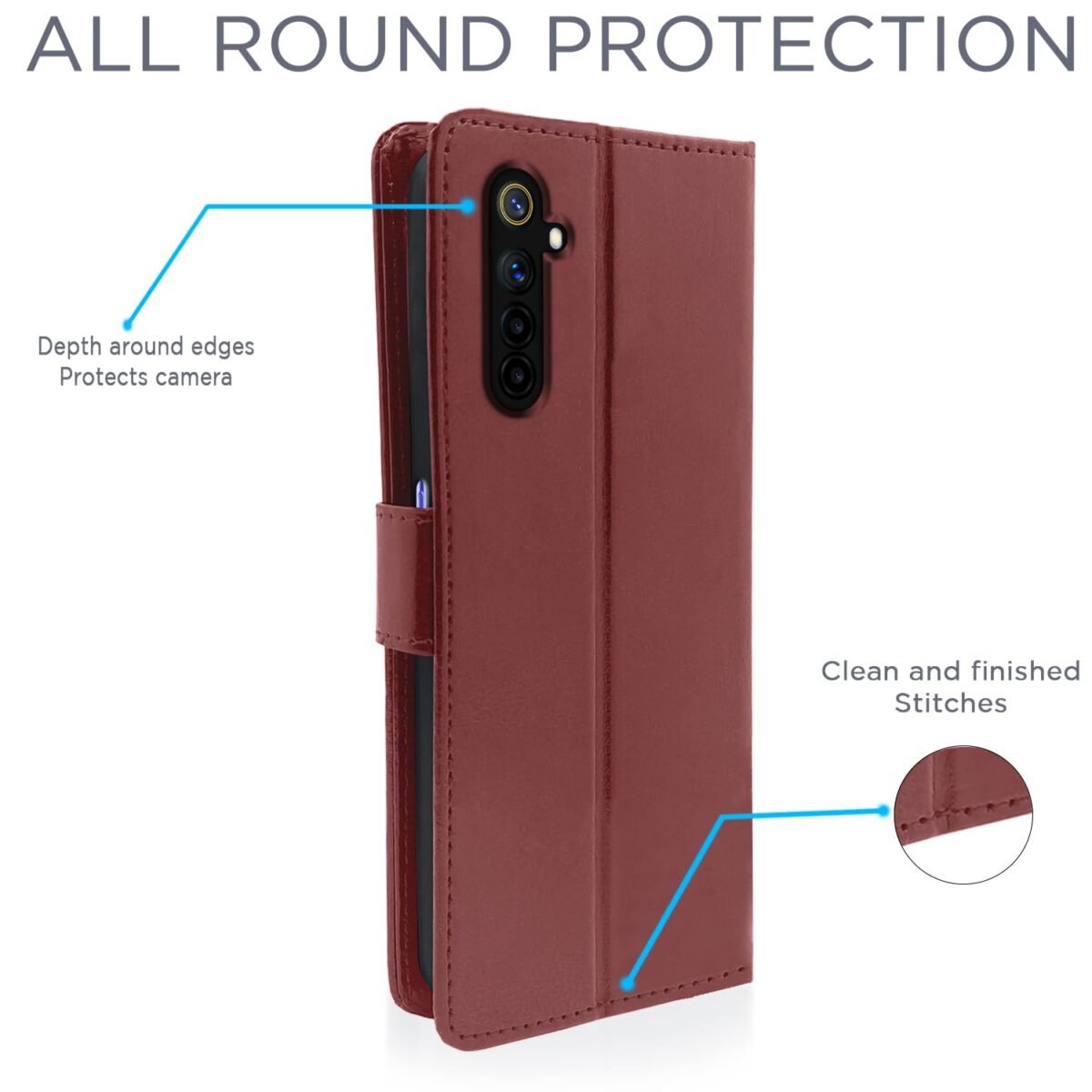 Realme 6 Flip Case Leather Finish | Inside TPU with Card Pockets | Wallet Stand and Shock Proof | Magnetic Closing | Complete Protection Flip Cover for Realme 6 (Brown)