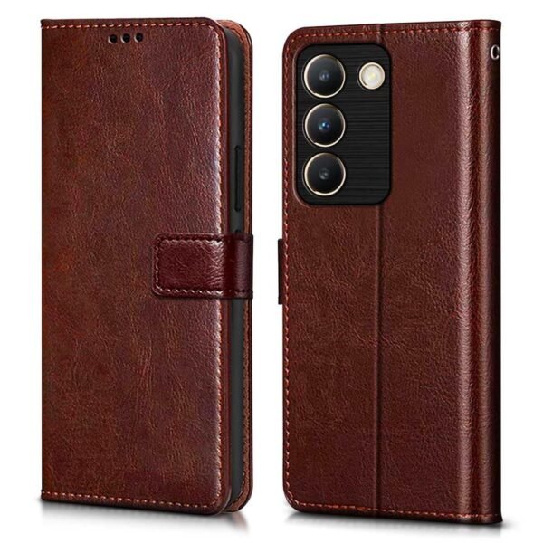 Shock Proof Flip Cover Back Case Cover for Vivo Y200e 5G | Vivo T3 5G (Flexible | Leather Finish | Card Pockets Wallet & Stand | Brown)