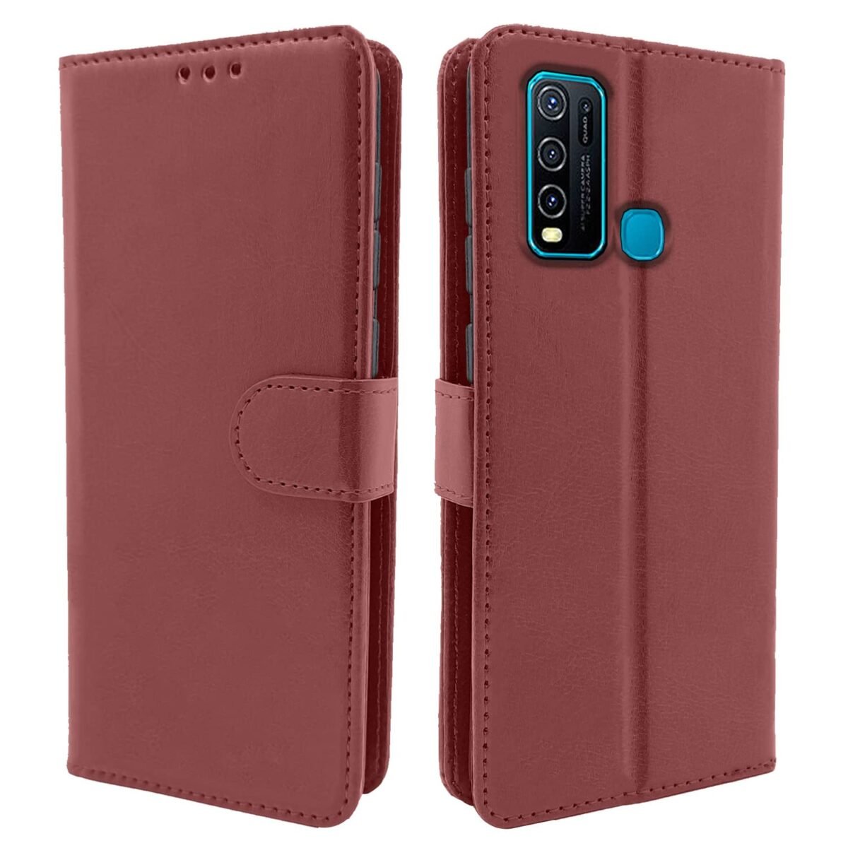 Vivo Y30 Flip Case Leather Finish | Inside TPU with Card Pockets | Wallet Stand and Shock Proof | Magnetic Closing | Complete Protection Flip Cover for Vivo Y30 (Brown)