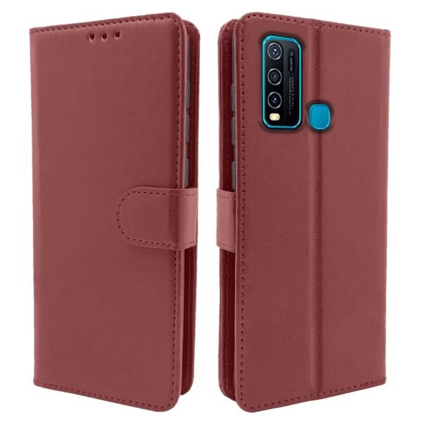 Vivo Y30 Flip Case Leather Finish | Inside TPU with Card Pockets | Wallet Stand and Shock Proof | Magnetic Closing | Complete Protection Flip Cover for Vivo Y30 (Brown)