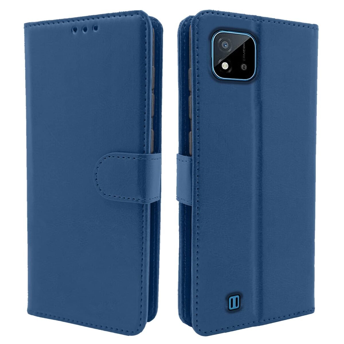 Realme C20 Flip Case Leather Finish | Inside TPU with Card Pockets | Wallet Stand and Shock Proof | Magnetic Closing | Complete Protection Flip Cover for Realme C20 (Blue)