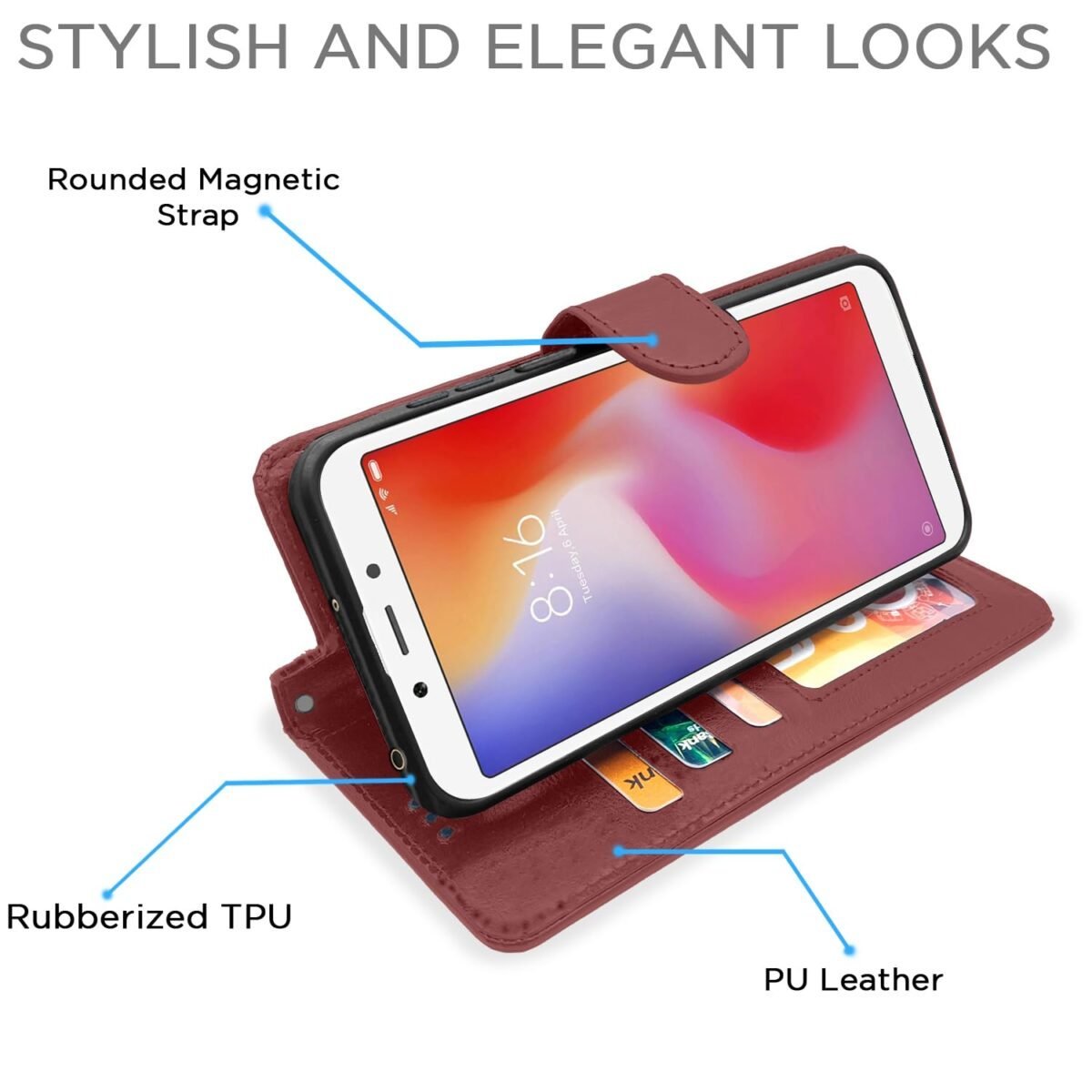 Redmi 6 Flip Cover Leather Finish | Inside TPU with Card Pockets | Wallet Stand and Shock Proof | Complete Protection Flip Case (Brown)