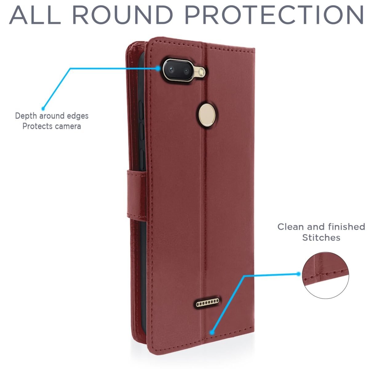 Redmi 6 Flip Cover Leather Finish | Inside TPU with Card Pockets | Wallet Stand and Shock Proof | Complete Protection Flip Case (Brown)