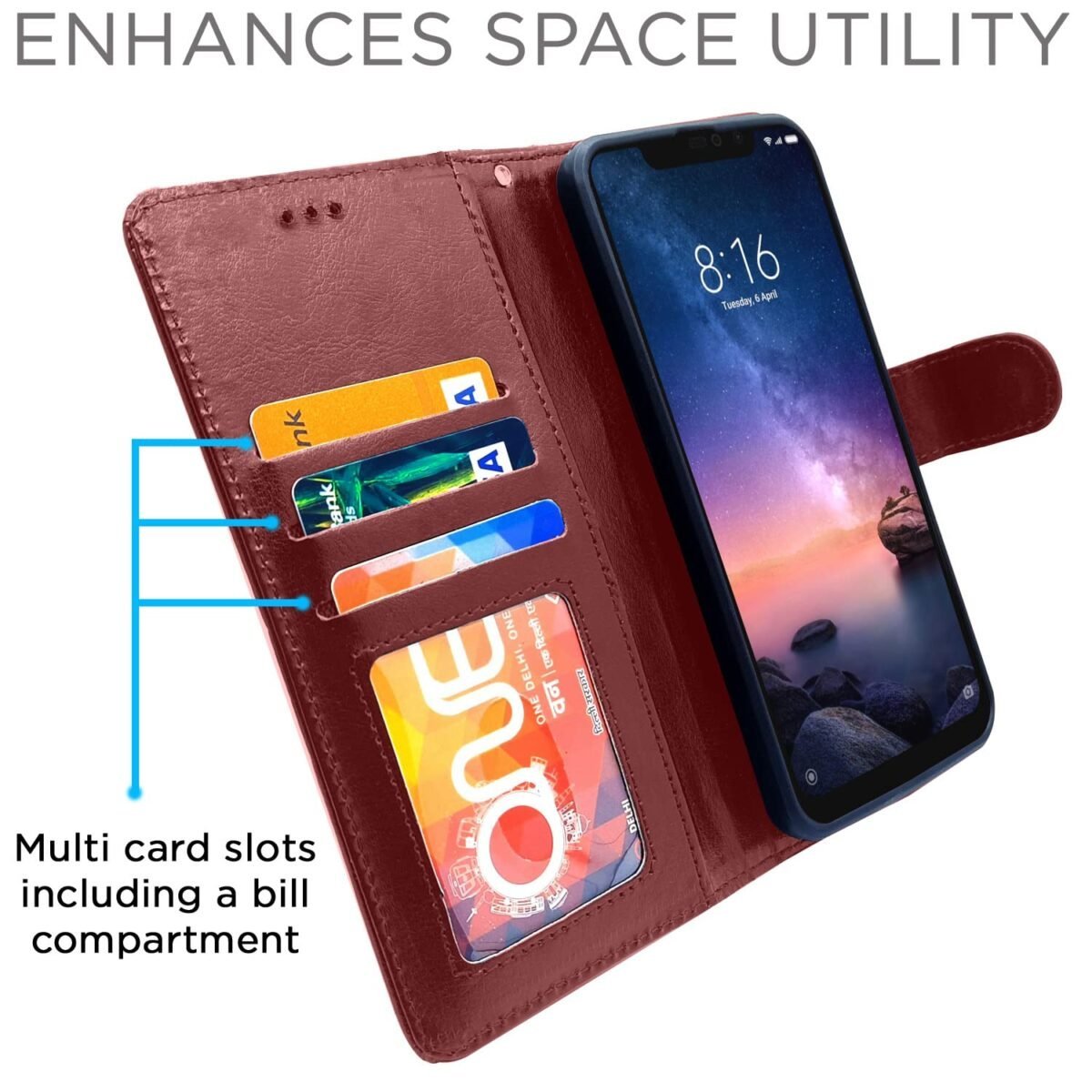 Redmi Note 6 Pro Flip Cover Magnetic Leather Wallet Case Shockproof TPU for Redmi Note 6 Pro (Brown)