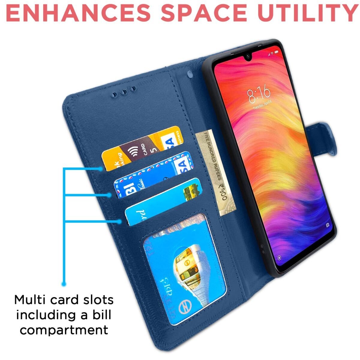 Flip Cover Leather Finish | Inside TPU with Card Pockets | Wallet Stand and Shock Proof | Complete Protection Flip Case for Redmi Note 7 Pro/Note 7 / Note 7s (Blue)